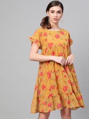 Mustard Floral Tiered Trapeze Dress 1