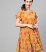 Mustard Floral Tiered Trapeze Dress