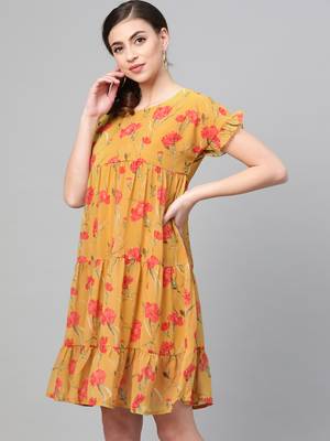 Mustard Floral Tiered Trapeze Dress 2