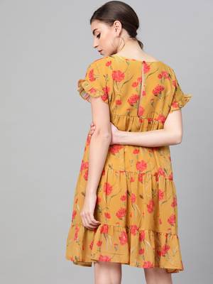 Mustard Floral Tiered Trapeze Dress 3