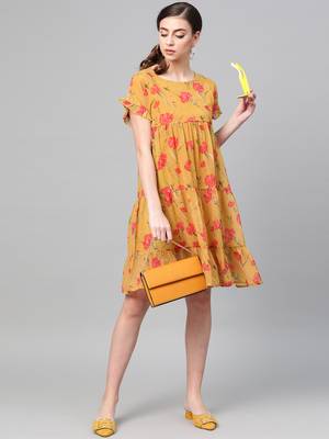Mustard Floral Tiered Trapeze Dress 4