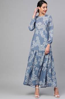 Dark Blue Floral Tiered Maxi