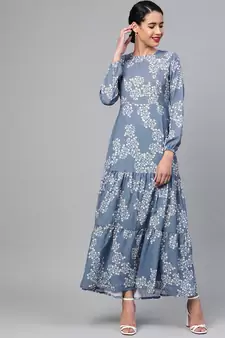 Dark Blue Floral Tiered Maxi