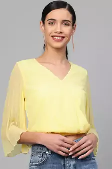 Lemon Pleated Sleeve Crop Top