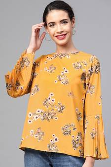 Mustard Floral Pleated Sleeve Hem Top
