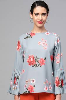 Steel Blue Floral Pleated Sleeve Hem Top