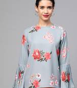 Steel Blue Floral Pleated Sleeve Hem Top