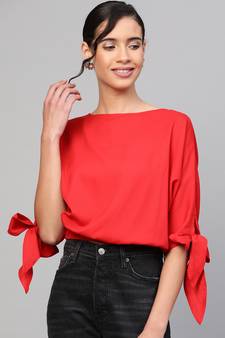 Red Sleeve Tie-Up Crop Top