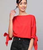 Red Sleeve Tie-Up Crop Top