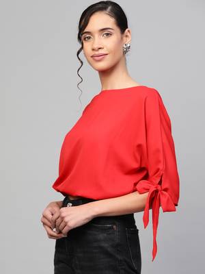 Red Sleeve Tie-Up Crop Top 2