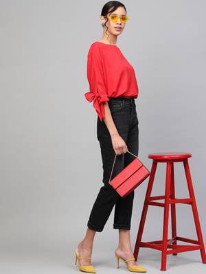 Red Sleeve Tie-Up Crop Top 4