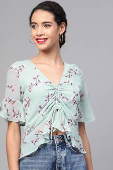 Sea Green Floral Front Rouched Top
