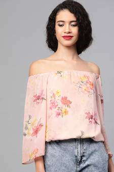 Peach Floral Off Shoulder Crop Top