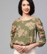 Moss Green Floral Rouched Sleeves Crop Top
