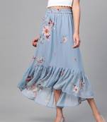 Pale Blue Floral Tiered High Low Skirt