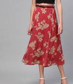 Red Floral Flared Skirt