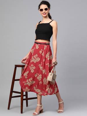 Red Floral Flared Skirt 4
