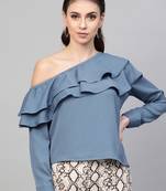 Teal One Shoulder Ruffle Top