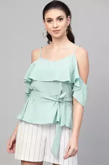 Sea Green Strappy Ruffle Top