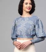 Dark Blue Floral Smocking Sleeve Crop Top