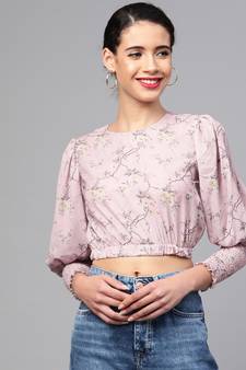 Multicolor Polyester Printed Puff-Sleeve Crop Top