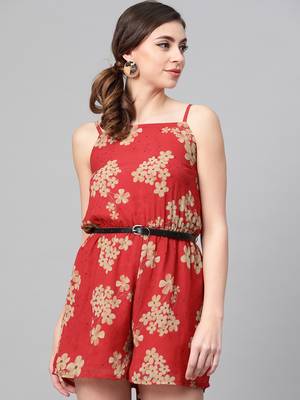 Red Floral Strappy Romper with PU Belt 1