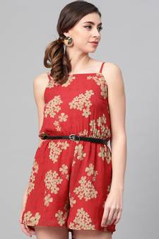 Red Floral Strappy Romper with PU Belt