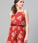 Red Floral Strappy Romper with PU Belt