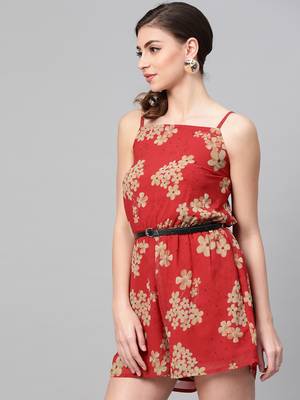 Red Floral Strappy Romper with PU Belt 2