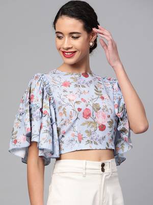 Blue Striped Floral Flare Sleeve Crop Top 1