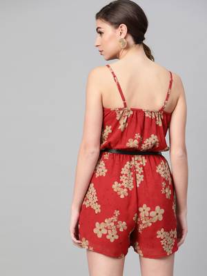 Red Floral Strappy Romper with PU Belt 3