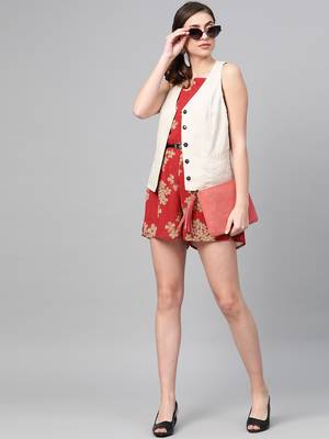 Red Floral Strappy Romper with PU Belt 4