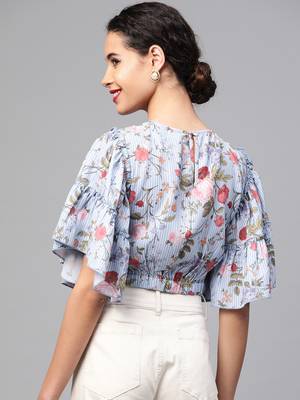 Blue Striped Floral Flare Sleeve Crop Top 3
