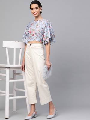 Blue Striped Floral Flare Sleeve Crop Top 4