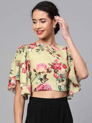 Green Floral Flare Sleeve Crop Top 1