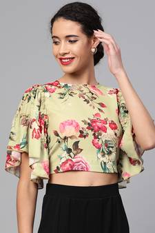Green Floral Flare Sleeve Crop Top