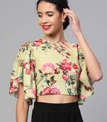 Green Floral Flare Sleeve Crop Top