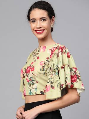Green Floral Flare Sleeve Crop Top 2