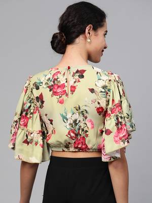 Green Floral Flare Sleeve Crop Top 3