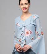 Pale Blue Floral Cascading Ruffles Top