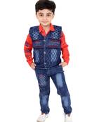 Red printed cotton silk boys-suit