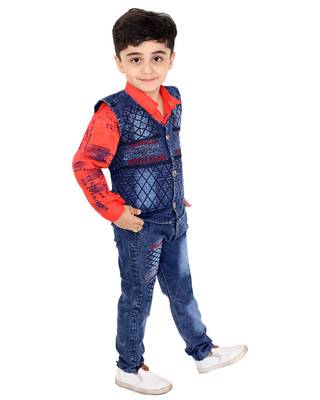Red printed cotton silk boys-suit 2