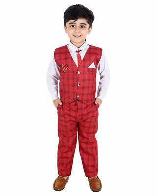 Red printed cotton silk boys-suit 1