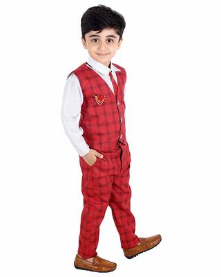 Red printed cotton silk boys-suit 2