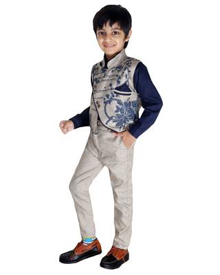 Blue printed cotton silk boys-suit 3