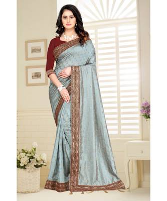 grey printed polyester saree with blouse 1