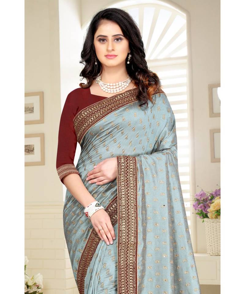 grey printed polyester saree with blouse