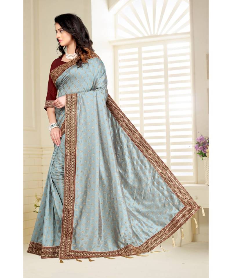 grey printed polyester saree with blouse