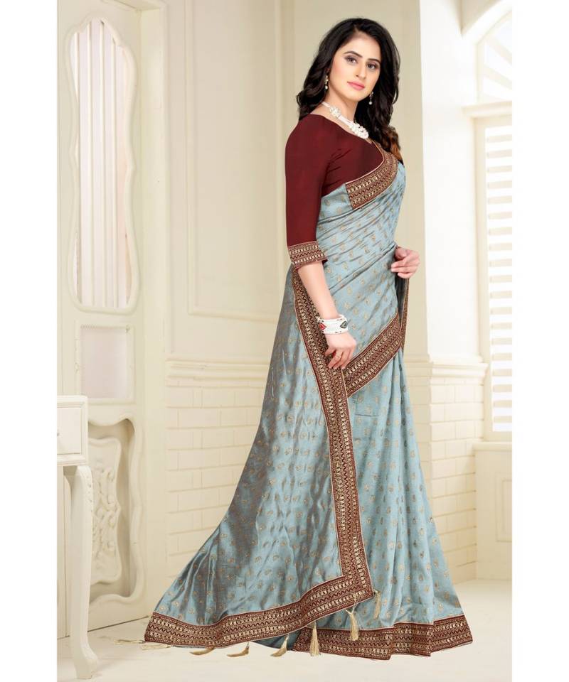 grey printed polyester saree with blouse