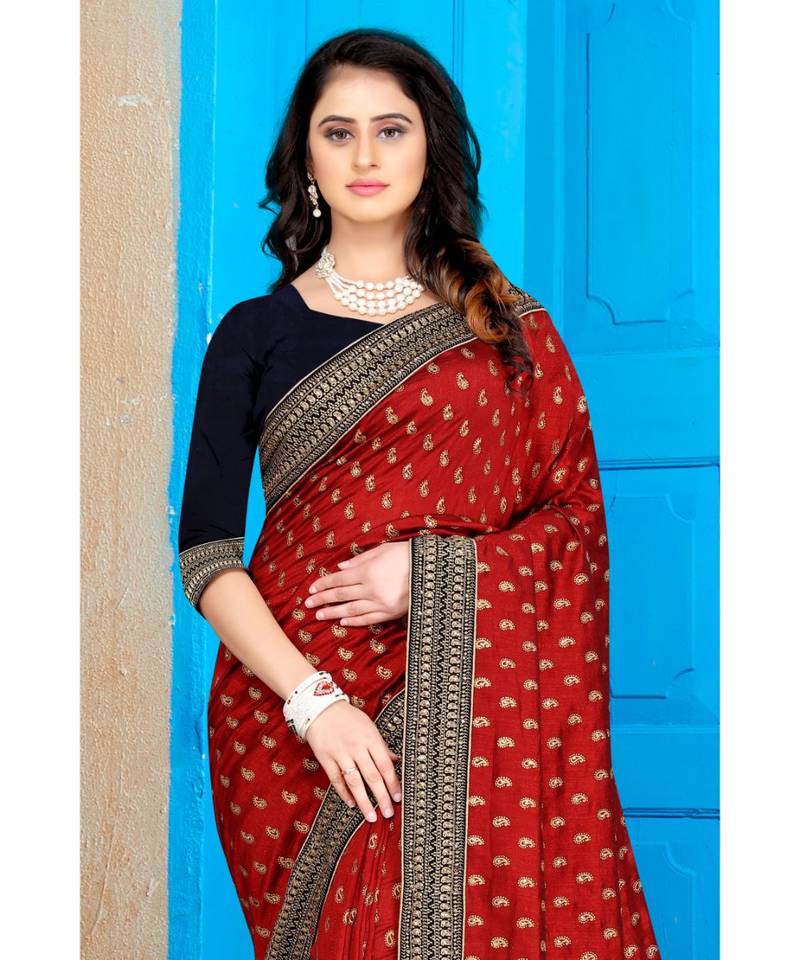 maroon printed polyester saree with blouse